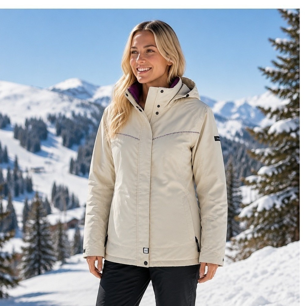 Ride Snowboards Women's L/G Cream Ski Snowboard Jacket Hooded Purple Lining